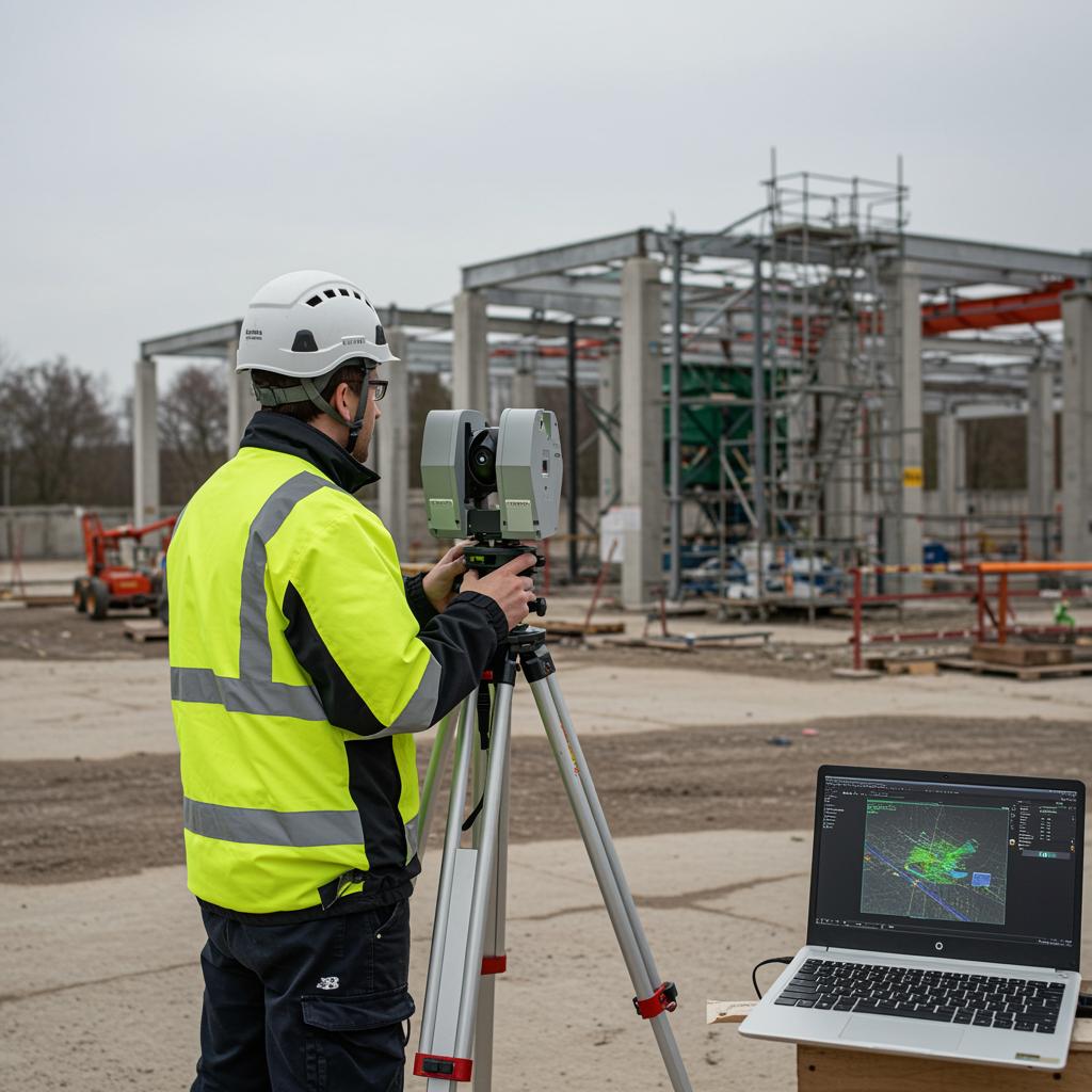 Professional 3D laser scanning equipment in action capturing detailed point cloud data of buildings and structures. Expert surveyor operating modern laser scanning technology for precise measurements."