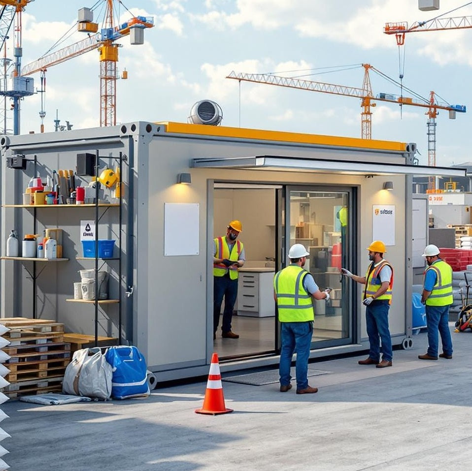 Modern construction site setup with organized material storage and safety equipment. Professional construction site layout showing temporary structures and efficient material management systems.
